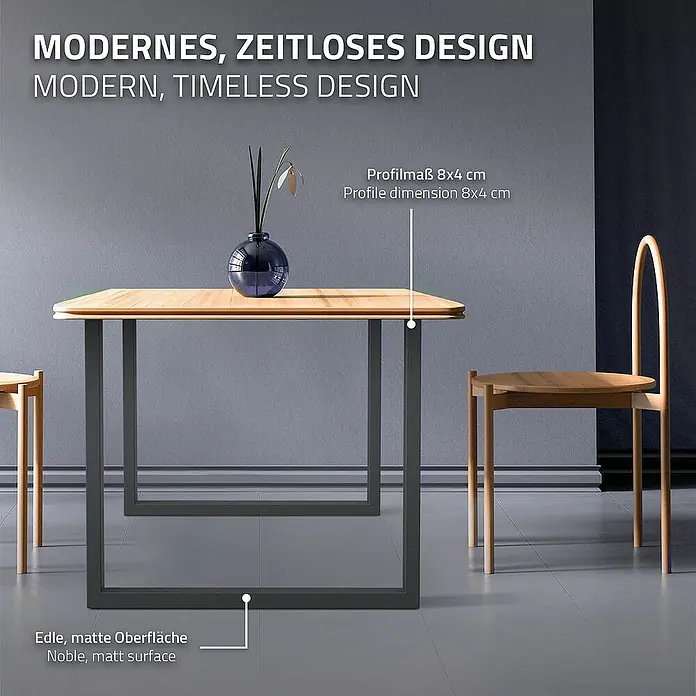 ECD Germany Tischgestell modernes Industriedesign Möbelfüße aus Metall - L x B x H: 8 x 80 x 72 cm, Stahl - Ein modernes Esszimmer mit einem stilvollen Holztisch mit Metallbeinen und eleganten Stühlen.