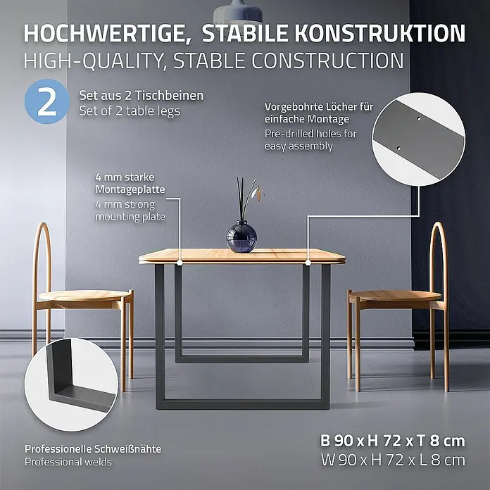 ECD Germany Tischgestell modernes Industriedesign Möbelfüße aus Metall - L x B x H: 8 x 90 x 72 cm, Stahl - Abbildung eines Esstisches mit stabilen Tischbeinen, mit Informationen zu Materialstärke, Montage und Schweißnähten.