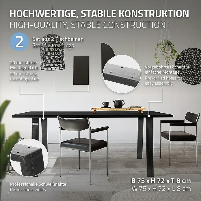 ML-Design Tischgestell Loft 2er Set aus Stahl Industriedesign U-Form - L x B x H: 8 x 75 x 72 cm, Stahl - Hochwertige, stabile Tischbeine (2er-Set) aus starkem Material mit vorgebohrten Löchern und professionellen Schweißnähten für einfache Montage.