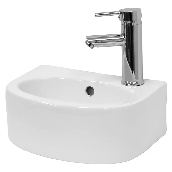 LuxeBath Aufsatzwaschbecken Aufsatzwaschtisch Weiß inkl. Ablaufgarnitur mit Überlauf Waschschale - 25,5 x 33,5 cm, Ohne Spezialglasur, Weiß - Nahaufnahme eines eleganten weißen Waschbeckens mit einem glänzenden Chromhahn. Das minimalistische Design passt perfekt in moderne Badezimmer.