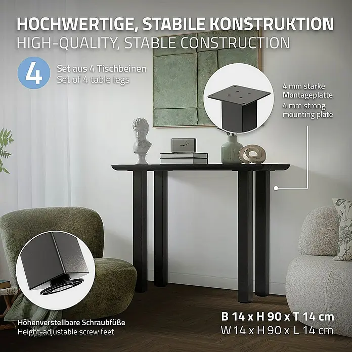 ML-Design Tischgestell 4er Set Tischkufen I-Design Möbelfüße und aus Stahl - L x B x H: 14 x 14 x 90 cm, Stahl - Bild von einem schwarzen Konsolentisch mit Metallbeinen, der für Stabilität und elegantes Aussehen sorgt.