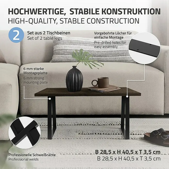 ML-Design Tischgestell Kufengestell Trapez-Form Schwarz Bankkufen Bankbeine für DIY-Projekte - L x B x H: 7 x 28,5 x 40,5 cm, Stahl - Hochwertige, stabile Tischbeinkonstruktion im Detail.