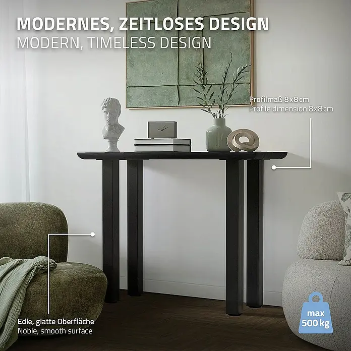 ML-Design Tischgestell 4er Set Tischkufen I-Design Möbelfüße und aus Stahl - L x B x H: 14 x 14 x 90 cm, Stahl - Das Bild zeigt eine moderne, zeitlose Konsole mit glatter Oberfläche und einer maximalen Belastbarkeit von 500 kg.