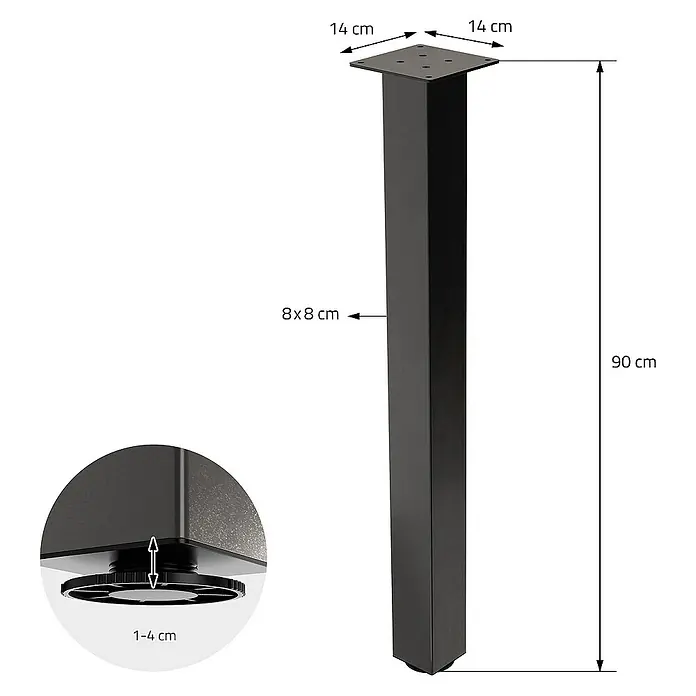 ML-Design Tischgestell 4er Set Tischkufen I-Design Möbelfüße und aus Stahl - L x B x H: 14 x 14 x 90 cm, Stahl - Abbildung eines schwarzen Möbelfußes mit den Maßen 14 x 14 cm (oben), 8 x 8 cm (Körper) und 90 cm (Höhe).