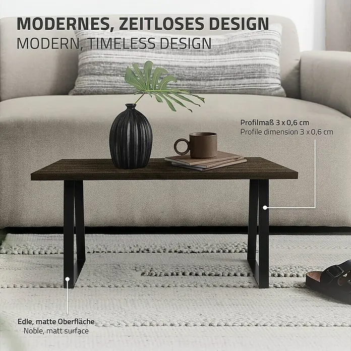 ML-Design Tischgestell Kufengestell Trapez-Form Schwarz Bankkufen Bankbeine für DIY-Projekte - L x B x H: 7 x 28,5 x 40,5 cm, Stahl - Das Bild zeigt einen modernen Beistelltisch mit dunkler Tischplatte und schwarzen Metallbeinen, der ein stilvolles Designelement darstellt.