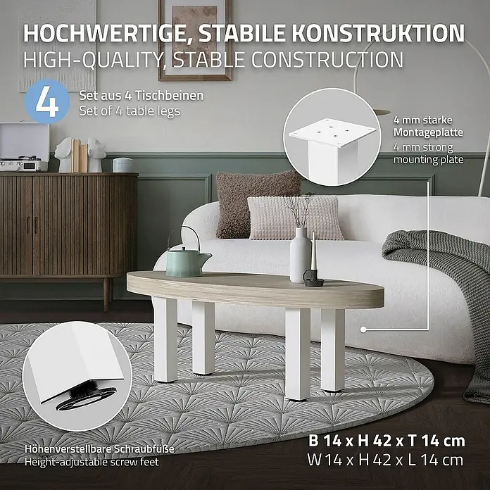 ML-Design Tischgestell 4er Set Tischkufen I-Design Möbelfüße und aus Stahl - L x B x H: 14 x 14 x 42 cm, Traglast: 500 kg, Stahl - Produktbild mit dem Fokus auf die stabilen Tischbeine und die hochwertigen Materialien.