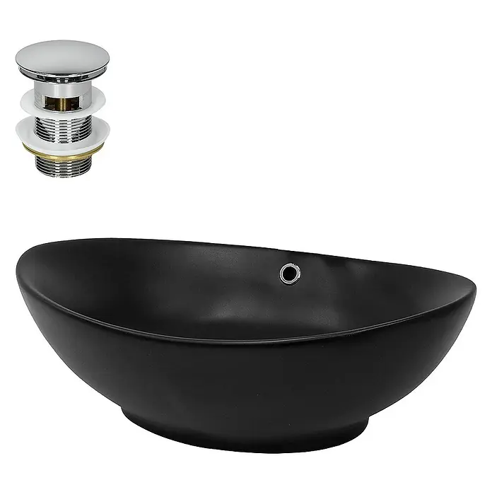 LuxeBath Aufsatzwaschbecken Handwaschbecken Schwarz inkl. Ablaufgarnitur mit Überlauf - Ohne Spezialglasur, Schwarz, Silber - Schwarzes Waschbecken in Bootsform mit Chrom-Ablaufgarnitur. Ein elegantes und modernes Keramikwaschbecken für das Badezimmer.