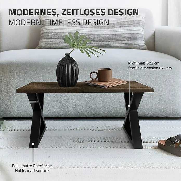 ML-Design Tischgestell Kufengestell Bankkufen X-Form Schwarz Bankbeine für DIY-Projekte - L x B x H: 6 x 43 x 40 cm, Stahl - Ein moderner Couchtisch in Braun mit schwarzem Metallgestell, der ein stilvolles und zeitloses Design für Ihr Wohnzimmer bietet.