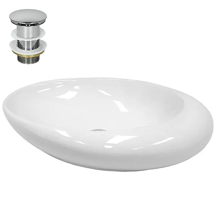 LuxeBath Aufsatzwaschbecken Aufsatzwaschtisch Weiß inkl. Ablaufgarnitur ohne Überlauf Waschschale - 37,5 x 58,5 cm, Ohne Spezialglasur, Weiß, Silber - Bild einer modernen, ovalen Aufsatzwaschbecken-Kombination aus weißer Keramik mit einem glänzenden, runden Ablaufventil aus Chrom.