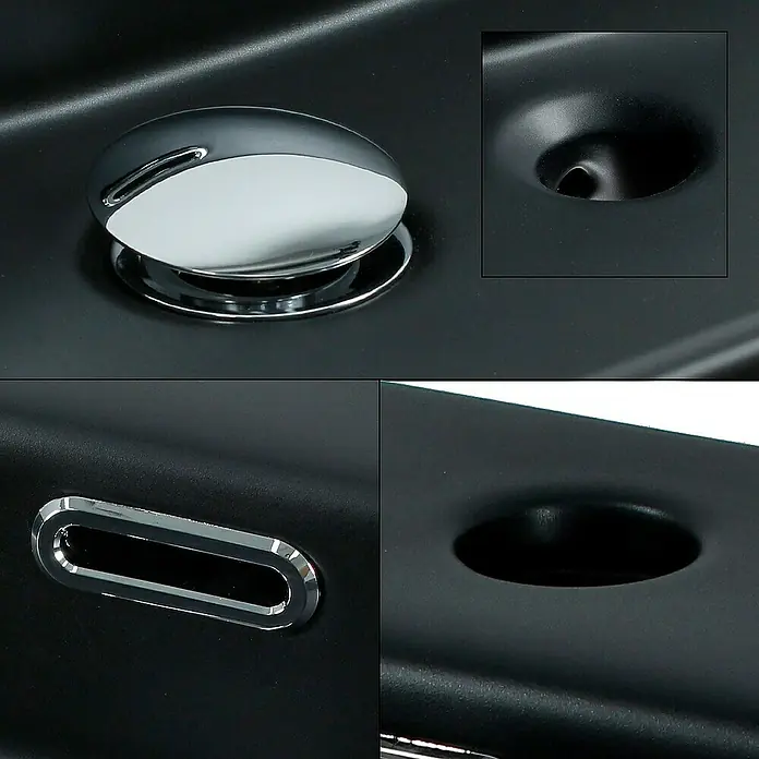 LuxeBath Aufsatzwaschbecken Waschtisch aus Keramik für Badezimmer / Gäste-WC - Ohne Spezialglasur, Schwarz - Detailaufnahme eines schwarzen Waschbeckens mit verchromtem Ablaufstopfen und Überlauf. Das Design ist modern und minimalistisch.
