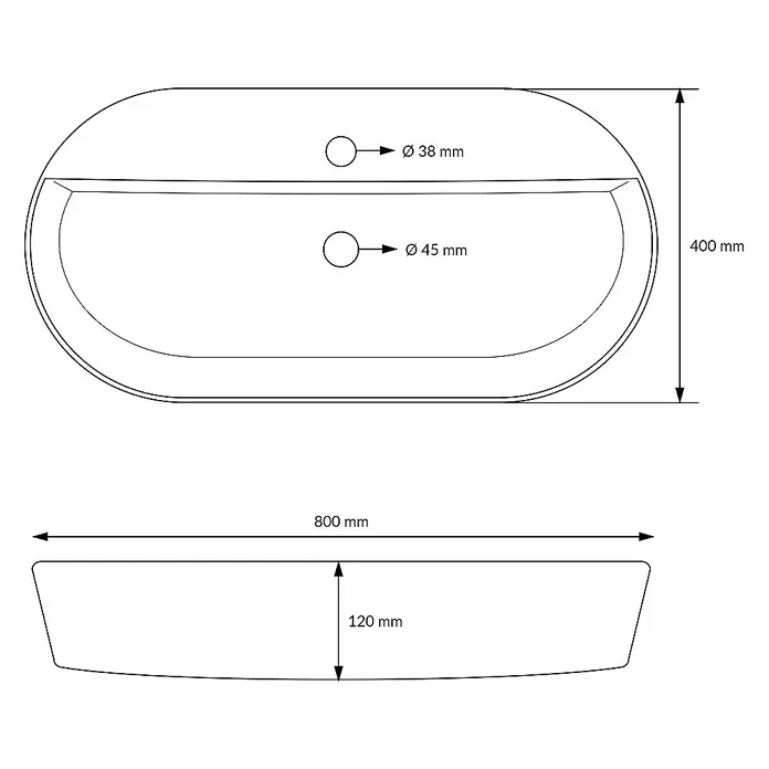 LuxeBath Aufsatzwaschbecken Waschtisch aus Keramik für Badezimmer / Gäste-WC - 40 x 80 cm, Ohne Spezialglasur, Weiß - Draufsicht und Seitenansicht eines Waschbeckens mit Abmessungen.
