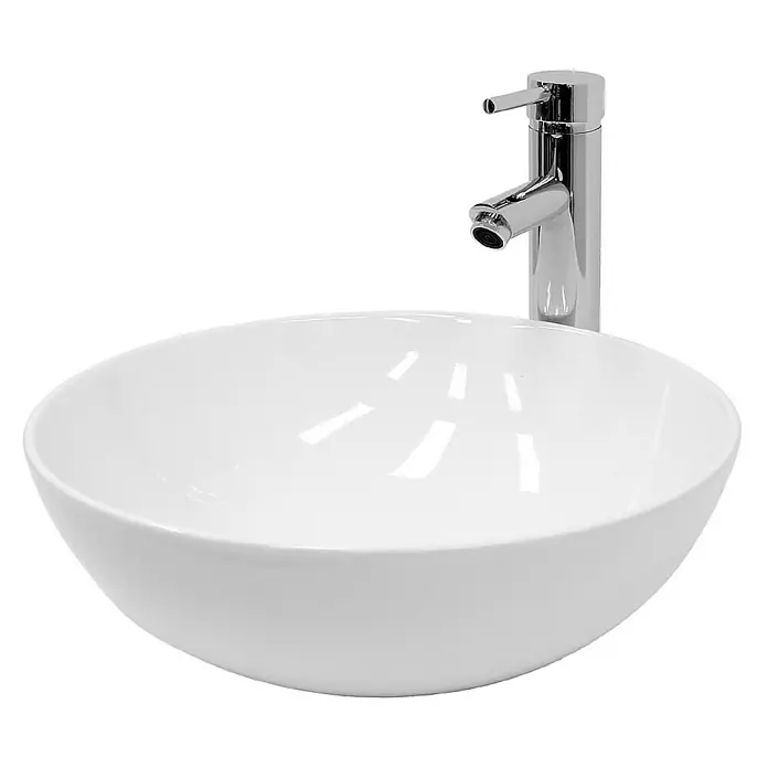LuxeBath Aufsatzwaschbecken Aufsatzwaschtisch Spülbecken inkl. Ablaufgarnitur ohne Überlauf Becken - Ohne Spezialglasur, Weiß - Elegantes Aufsatzwaschbecken aus Keramik mit modernem Chrom-Wasserhahn für stilvolle Badezimmergestaltung.