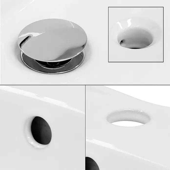 LuxeBath Aufsatzwaschbecken Handwaschbecken Weiß inkl. Ablaufgarnitur mit Überlauf - Ohne Spezialglasur, Weiß, Silber - Detailansicht eines Waschbeckens mit Abflussstopfen, Überlauf und Hahnloch, die das hochwertige Design und die Funktionalität hervorheben.