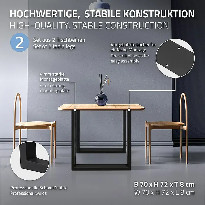 ECD Germany Tischgestell modernes Industriedesign Möbelfüße aus Metall - L x B x H: 8 x 70 x 72 cm, Stahl - Bild zeigt ein Set aus zwei Tischbeinen mit hochwertiger, stabiler Konstruktion, inklusive Montageplatte und vorgebohrten Löchern.