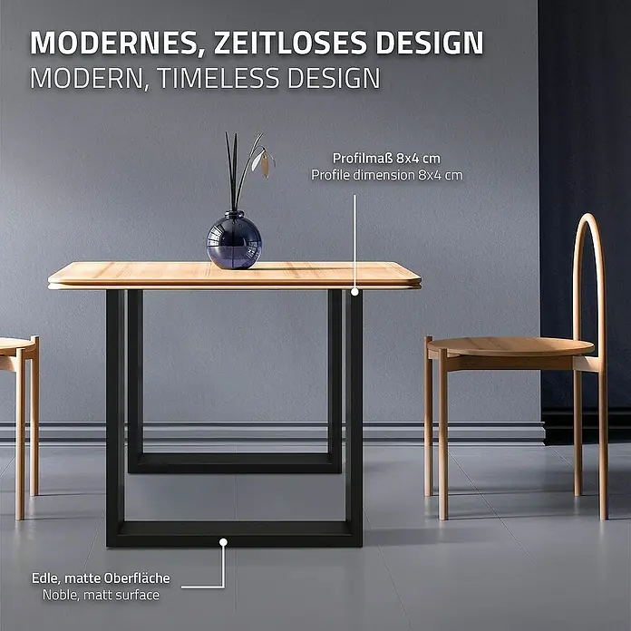 ECD Germany Tischgestell modernes Industriedesign Möbelfüße aus Metall - L x B x H: 8 x 70 x 72 cm, Stahl - Ein moderner Esstisch mit Holzplatte und schwarzen Metallbeinen, dazu passende Stühle. Zeitloses Design für Ihr Zuhause.