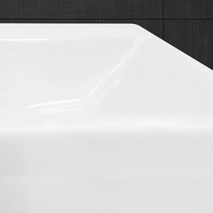 LuxeBath Aufsatzwaschbecken Eckig 605x365x130 mm Weiß Ablaufgarnitur Weiß - Ohne Spezialglasur, Weiß - Nahaufnahme einer glänzenden, weißen Oberfläche mit subtilen Reflexionen, die Klarheit und Reinheit ausstrahlt.