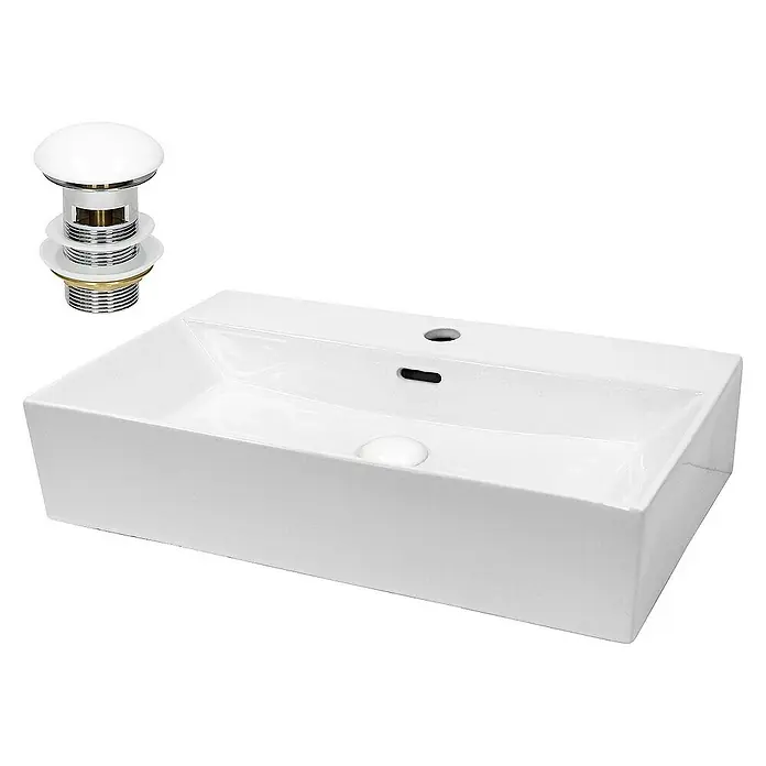 LuxeBath Aufsatzwaschbecken Eckig 605x365x130 mm Weiß Ablaufgarnitur Weiß - Ohne Spezialglasur, Weiß - Ein schickes, rechteckiges Aufsatzwaschbecken in Weiß mit einem passenden Ablaufventil. Ideal für moderne Badezimmer.