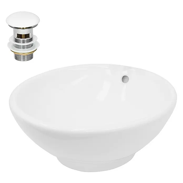 LuxeBath Aufsatzwaschbecken Aufsatzwaschtisch Handwaschbecken inkl. Ablaufgarnitur mit Überlauf - Ohne Spezialglasur, Weiß - Bild einer runden, weißen Aufsatzwaschbecken mit Ablaufgarnitur für Badezimmer.