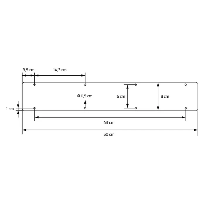 ML-Design Tischgestell Kufengestell rechteckige Form Schwarz für Esstisch/Schrebitisch - L x B x H: 8 x 50 x 71,5 cm, Stahl - Technische Zeichnung einer Montageplatte mit Bohrlöchern und Maßangaben für eine präzise Installation.