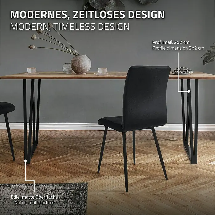 ML-Design Tischgestell Kufengestell rechteckige Form Schwarz für Esstisch/Schrebitisch - L x B x H: 8 x 50 x 71,5 cm, Stahl - Produktansicht eines modernen Esstisches mit Holzplatte und schwarzen Metallbeinen, begleitet von einem eleganten Stuhl.