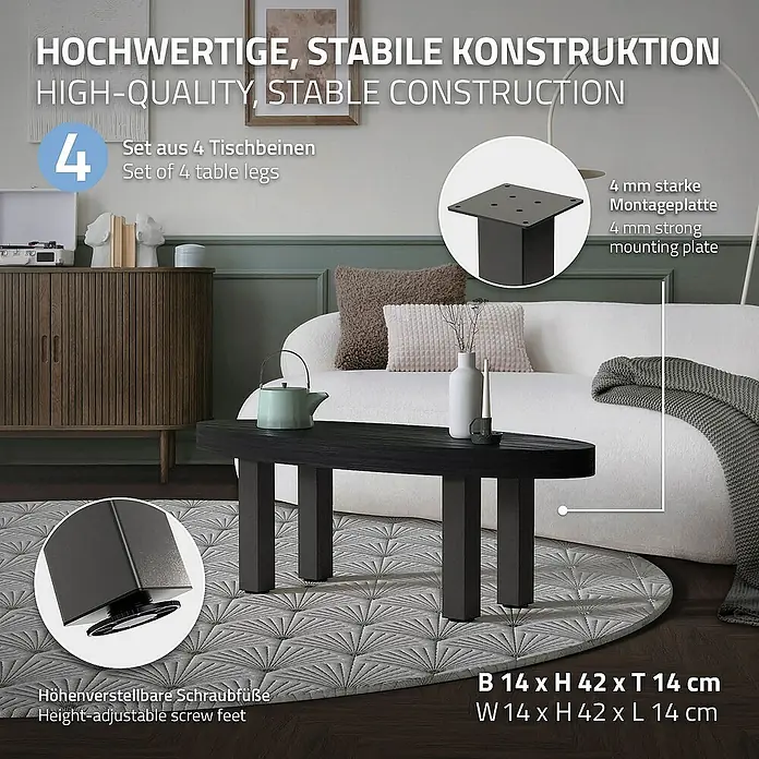ML-Design Tischgestell 4er Set Tischkufen I-Design Möbelfüße und aus Stahl - L x B x H: 14 x 14 x 42 cm, Traglast: 500 kg, Stahl - Hochwertige Tischbeine aus Stahl mit verstellbaren Schraubfüßen und Montageplatten für eine stabile Konstruktion.