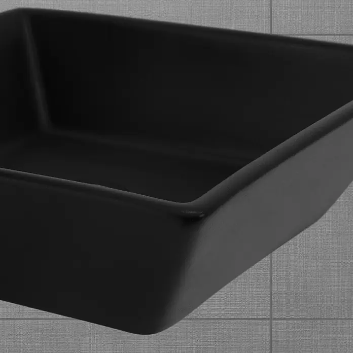 LuxeBath Aufsatzwaschbecken Waschtisch aus Keramik für Badezimmer / Gäste-WC - Ohne Spezialglasur, Schwarz - Nahaufnahme einer schwarzen, quadratischen Schale mit glatter Oberfläche, die auf einem gefliesten Hintergrund steht.