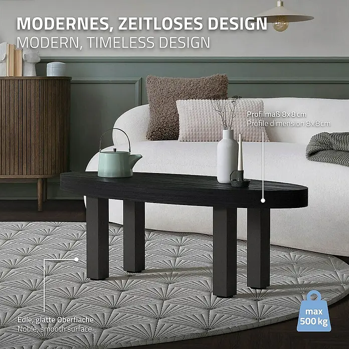 ML-Design Tischgestell 4er Set Tischkufen I-Design Möbelfüße und aus Stahl - L x B x H: 14 x 14 x 42 cm, Traglast: 500 kg, Stahl - Elegantes, zeitloses Design: Moderner Couchtisch in Schwarz mit Teekanne und Dekoration auf einem gemusterten Teppich.