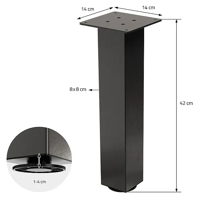 ML-Design Tischgestell 4er Set Tischkufen I-Design Möbelfüße und aus Stahl - L x B x H: 14 x 14 x 42 cm, Traglast: 500 kg, Stahl - Schwarzes, quadratisches Tischbein mit verstellbaren Füßen und den Maßen 14x14 cm an der Oberseite, 8x8 cm am Bein und 42 cm Höhe.