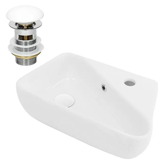 LuxeBath Aufsatzwaschbecken Aufsatzwaschtisch Handwaschbecken Weiß mit Ablaufgarnitur und Überlauf - Ohne Spezialglasur, Weiß, Silber - Das Bild zeigt ein weißes Waschbecken mit einem Pop-Up-Ventil, ideal für ein modernes Badezimmerdesign mit sauberer Optik und einfacher Installation.