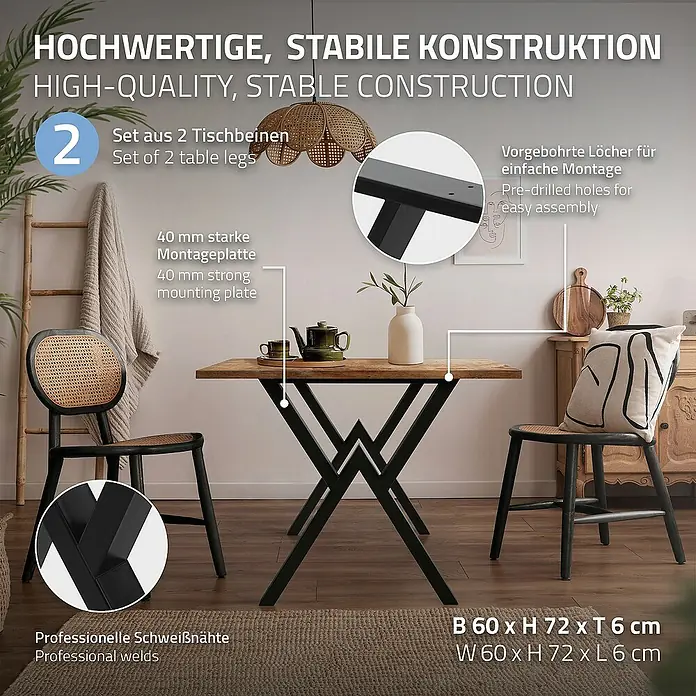 ML-Design Tischgestell Kufengestell X-Form Schwarz für Esstisch/Schreibtisch DIY-Projekte - L x B x H: 6 x 60 x 72 cm, Stahl - Hochwertige Tischbeine (2er Set) mit stabiler Konstruktion, 40 mm starker Montageplatte und professionellen Schweißnähten für einfache Montage.