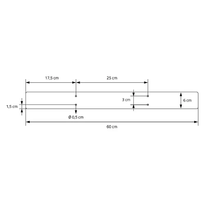 ML-Design Tischgestell Kufengestell X-Form Schwarz für Esstisch/Schreibtisch DIY-Projekte - L x B x H: 6 x 60 x 72 cm, Stahl - Technisches Diagramm einer länglichen Platte mit Bohrlöchern und Bemaßungen, das die Produktabmessungen detailliert darstellt.