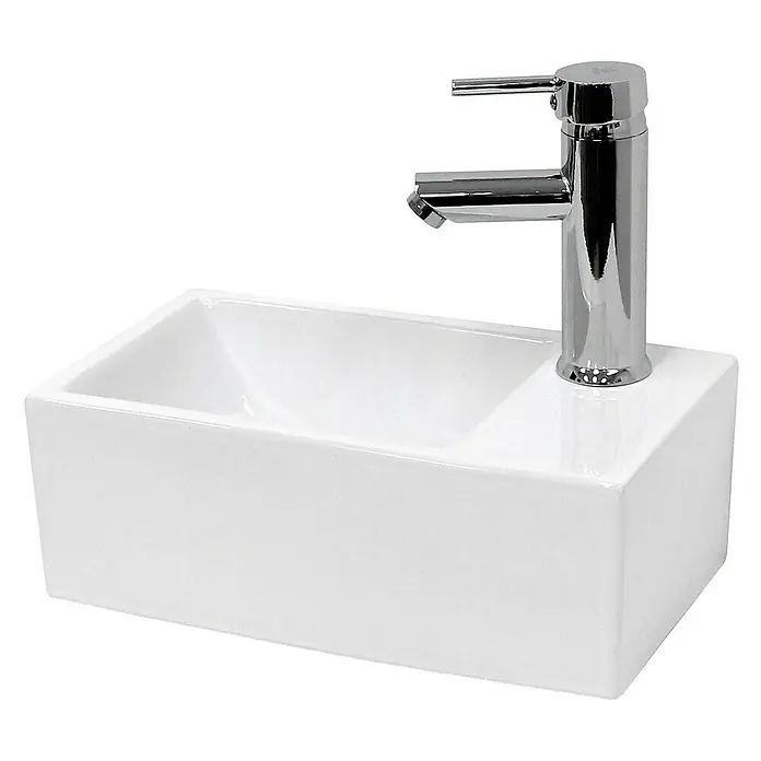 LuxeBath Aufsatzwaschbecken Waschschale Aufsatzwaschtisch Weiß inkl. Ablaufgarnitur ohne Überlauf - Ohne Spezialglasur, Weiß - Das Bild zeigt ein modernes, weißes Waschbecken mit einer eleganten Chromarmatur. Es ist ein stilvolles Badezimmerelement.