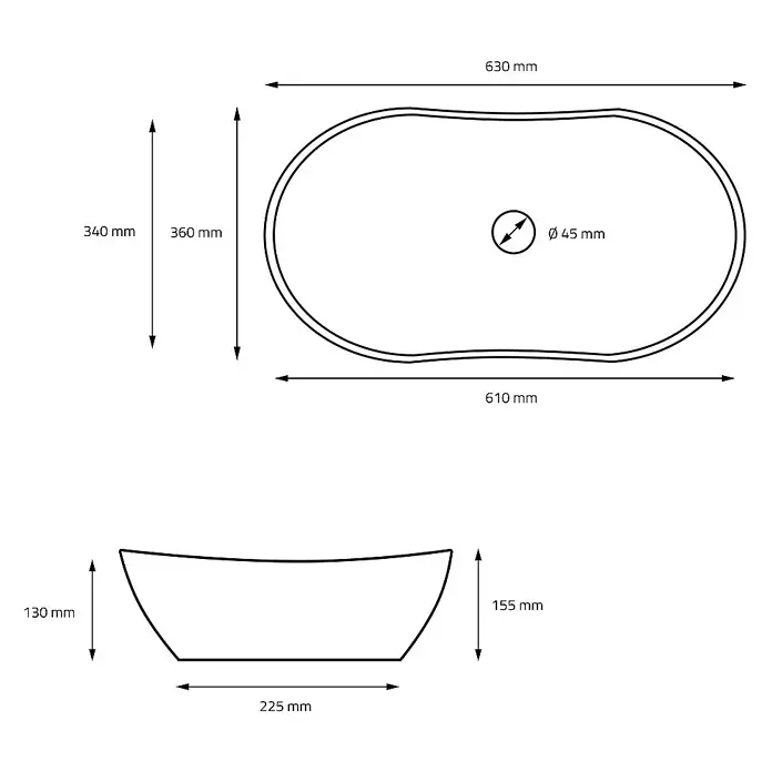 LuxeBath Aufsatzwaschbecken Oval 63x36x15,5 cm Schwarz Ablaufgarnitur Schwarz - Ohne Spezialglasur, Schwarz - Technische Zeichnung eines Waschbeckens mit Maßangaben zu Länge, Breite, Höhe und Durchmesser des Abflusses.