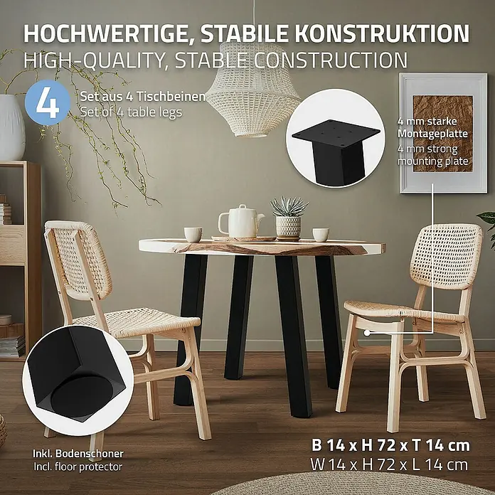 ML-Design Tischgestell 4er Set Tischbeine schräg Möbelfüße und aus Stahl - L x B x H: 14 x 14 x 72 cm, Traglast: 500 kg, Stahl - Bild zeigt ein Set aus 4 Tischbeinen mit einer hochwertigen, stabilen Konstruktion und inklusive Bodenschoner.