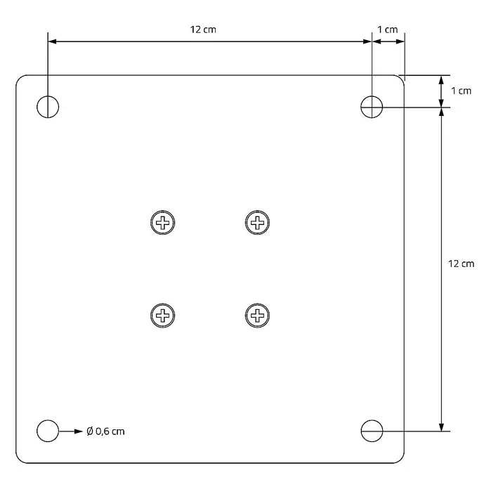 ML-Design Tischgestell 4er Set Tischbeine schräg Möbelfüße und aus Stahl - L x B x H: 14 x 14 x 72 cm, Traglast: 500 kg, Stahl - Quadratische Platte mit vier Ecklöchern und vier Schraubenlöchern in der Mitte, Maße sind angegeben.