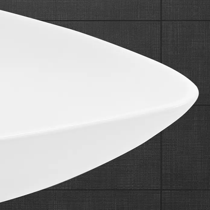 LuxeBath Aufsatzwaschbecken Waschtisch aus Keramik für Badezimmer / Gäste-WC - Ohne Spezialglasur, Weiß - Nahaufnahme eines modernen, weißen Waschbeckens mit glatter Oberfläche vor einem dunklen, strukturierten Hintergrund.
