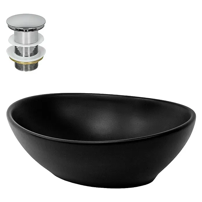 LuxeBath Aufsatzwaschbecken Handwaschbecken Schwarz inkl. Ablaufgarnitur mit Überlauf - Ohne Spezialglasur, Schwarz, Silber - Elegantes ovales Waschbecken in Mattschwarz mit passendem Ablaufventil. Ein stilvolles und modernes Design für jedes Badezimmer.