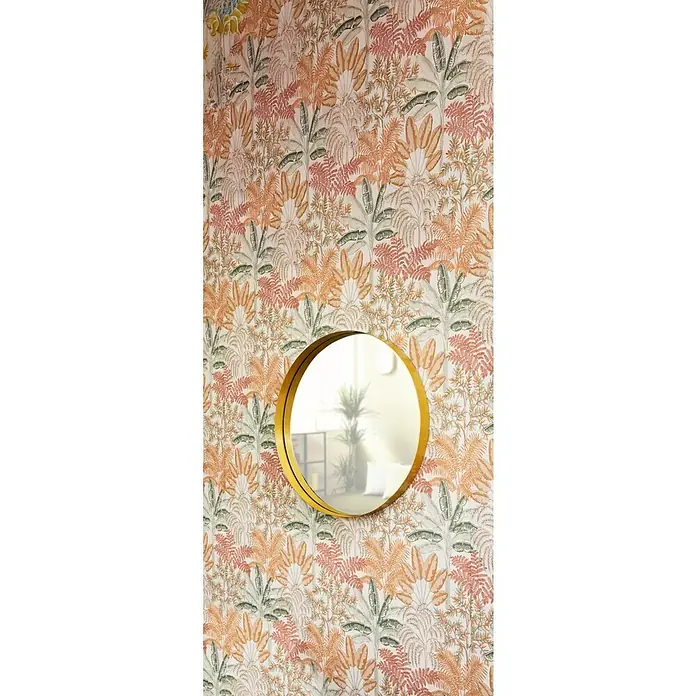 Papel pintado Botánico Palmeras - Beige, Floral, 10 x 0,53 m - Pared con estampado de plantas tropicales y espejo redondo dorado.
