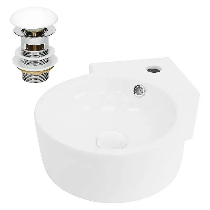 LuxeBath Aufsatzwaschbecken Eckwaschbecken Rund 45x36x13 cm Weiß Ablaufgarnitur Weiß Überlauf - Ohne Spezialglasur, Weiß, Silber - Ein weißes Eckwaschbecken mit einem Pop-Up-Ablaufventil, ideal für kleine Badezimmer oder Gästetoiletten.
