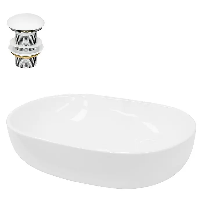 LuxeBath Aufsatzwaschbecken 600x420x145 mm Ablaufgarnitur Weiß - Ohne Spezialglasur, Weiß - Das Bild zeigt ein modernes, weißes Aufsatzwaschbecken mit passendem Ablaufventil. Ideal für stilvolle Badezimmergestaltungen.