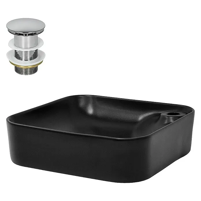 LuxeBath Aufsatzwaschbecken Handwaschbecken Schwarz inkl. Ablaufgarnitur ohne Überlauf - Ohne Spezialglasur, Schwarz, Silber - Schwarzes quadratisches Waschbecken mit Ablaufgarnitur für stilvolles Badezimmerdesign.