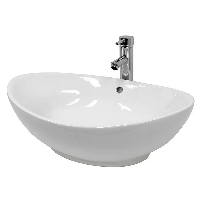 LuxeBath Aufsatzwaschbecken Waschschale Aufsatzwaschtisch Weiß inkl. Ablaufgarnitur mit Überlauf - Ohne Spezialglasur, Weiß - Das Bild zeigt ein modernes, weißes Aufsatzwaschbecken mit einer eleganten, ovalen Form und einem schlanken, verchromten Wasserhahn.