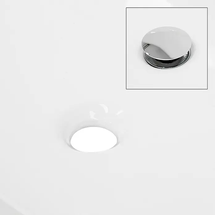 LuxeBath Aufsatzwaschbecken Handwaschbecken inkl. Ablaufgarnitur ohne Überlauf für Gäste-WC - Ohne Spezialglasur, Weiß, Silber - Nahaufnahme des glänzenden, runden Ablaufs eines weißen Waschbeckens mit Chromabdeckung.