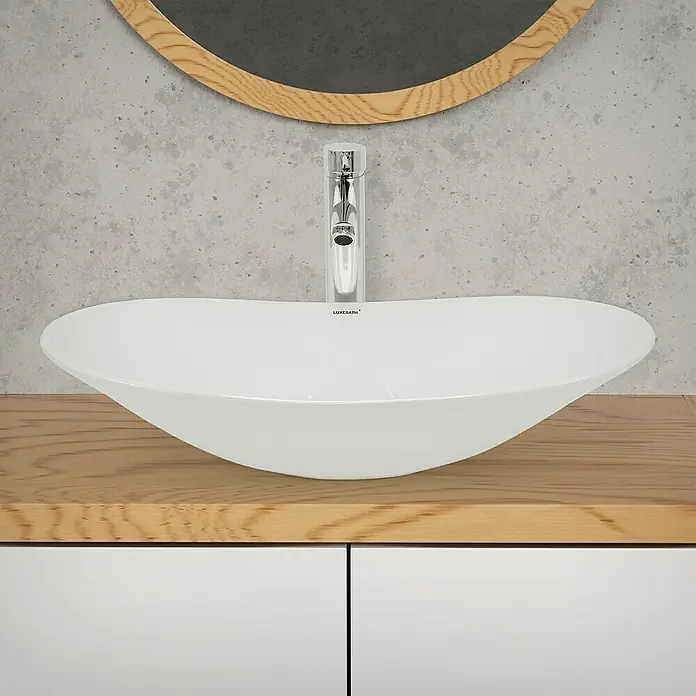 LuxeBath Aufsatzwaschbecken Aufsatzwaschtisch Waschschale Oval Weiß Spülbecken - Ohne Spezialglasur, Weiß - Waschbecken mit Armatur und Spiegel.