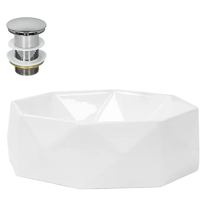 LuxeBath Aufsatzwaschbecken Handwaschbecken inkl. Ablaufgarnitur ohne Überlauf für Gäste-WC - Ohne Spezialglasur, Weiß, Silber - Das Bild zeigt ein modernes, weißes Waschbecken mit geometrischem Design und einem Chrom-Ablaufventil. Ideal für ein stilvolles Badezimmer.