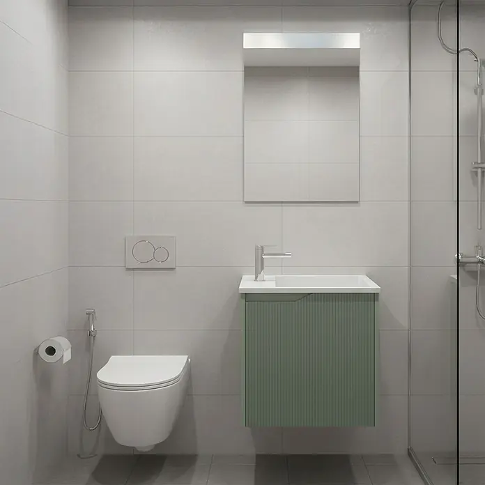 Futurbath Conjunto de mueble de baño Lina - Verde, 3 pzs. - Baño luminoso con inodoro suspendido, mueble de lavabo verde y espejo grande. Diseño minimalista con accesorios modernos.