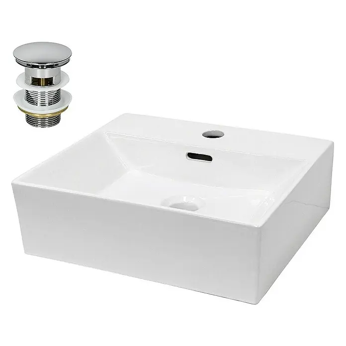 LuxeBath Aufsatzwaschbecken Waschschale Aufsatzwaschtisch Weiß inkl. Ablaufgarnitur mit Überlauf - 36 x 41,5 cm, Ohne Spezialglasur, Weiß, Silber - Ein weißes Aufsatzwaschbecken mit Ablaufgarnitur. Das Waschbecken hat eine rechteckige Form und ein modernes Design.