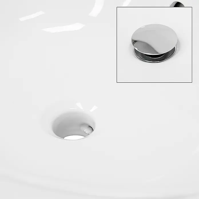 LuxeBath Aufsatzwaschbecken Aufsatzwaschtisch Waschschale Oval Weiß Spülbecken - Ohne Spezialglasur, Weiß - Nahaufnahme eines Waschbeckens aus Keramik mit einem Pop-up-Ablaufstopfen, der ein elegantes und praktisches Detail für das Badezimmer bietet.