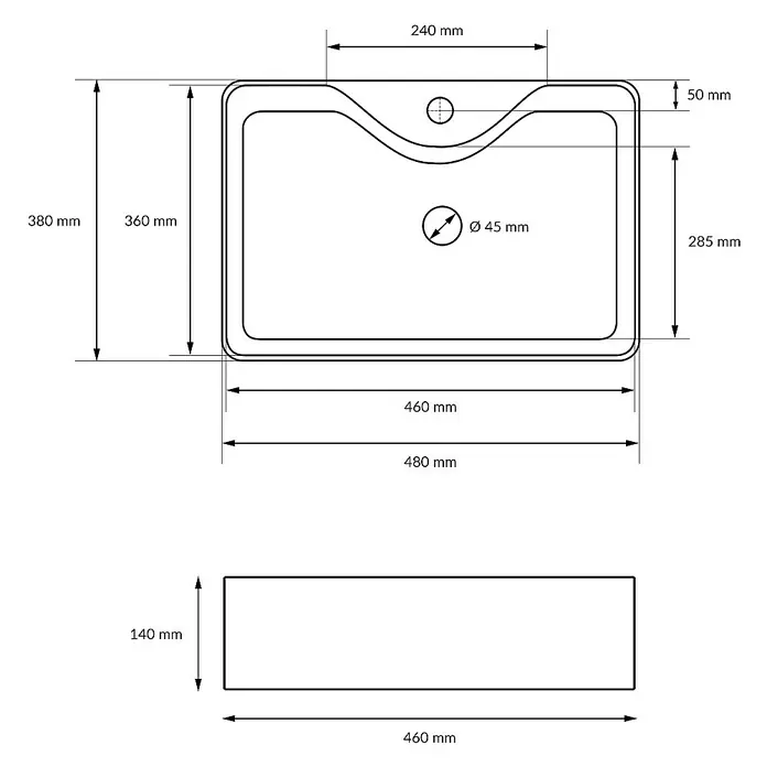 LuxeBath Aufsatzwaschbecken Aufsatzwaschtisch Waschschale Quadratisch Weiß Becken - 38 x 48 cm, Ohne Spezialglasur, Weiß - Technische Zeichnung eines Waschbeckens mit Maßangaben zu Abmessungen, Durchmesser und Positionen.