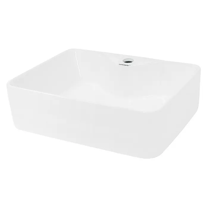 LuxeBath Aufsatzwaschbecken Aufsatzwaschtisch Waschschale Quadratisch Weiß Becken - 38 x 48 cm, Ohne Spezialglasur, Weiß - Nahaufnahme eines quadratischen, weißen Aufsatzwaschbeckens der Marke LUXEBATH mit einem Ablauf.